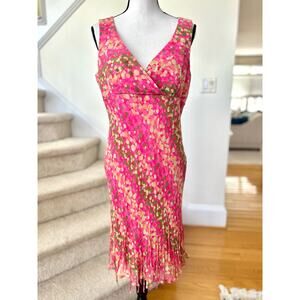 Vintage Y2K Hot Pink & Green Polka Dot Rhinestone Fringe Silk Slip Dress